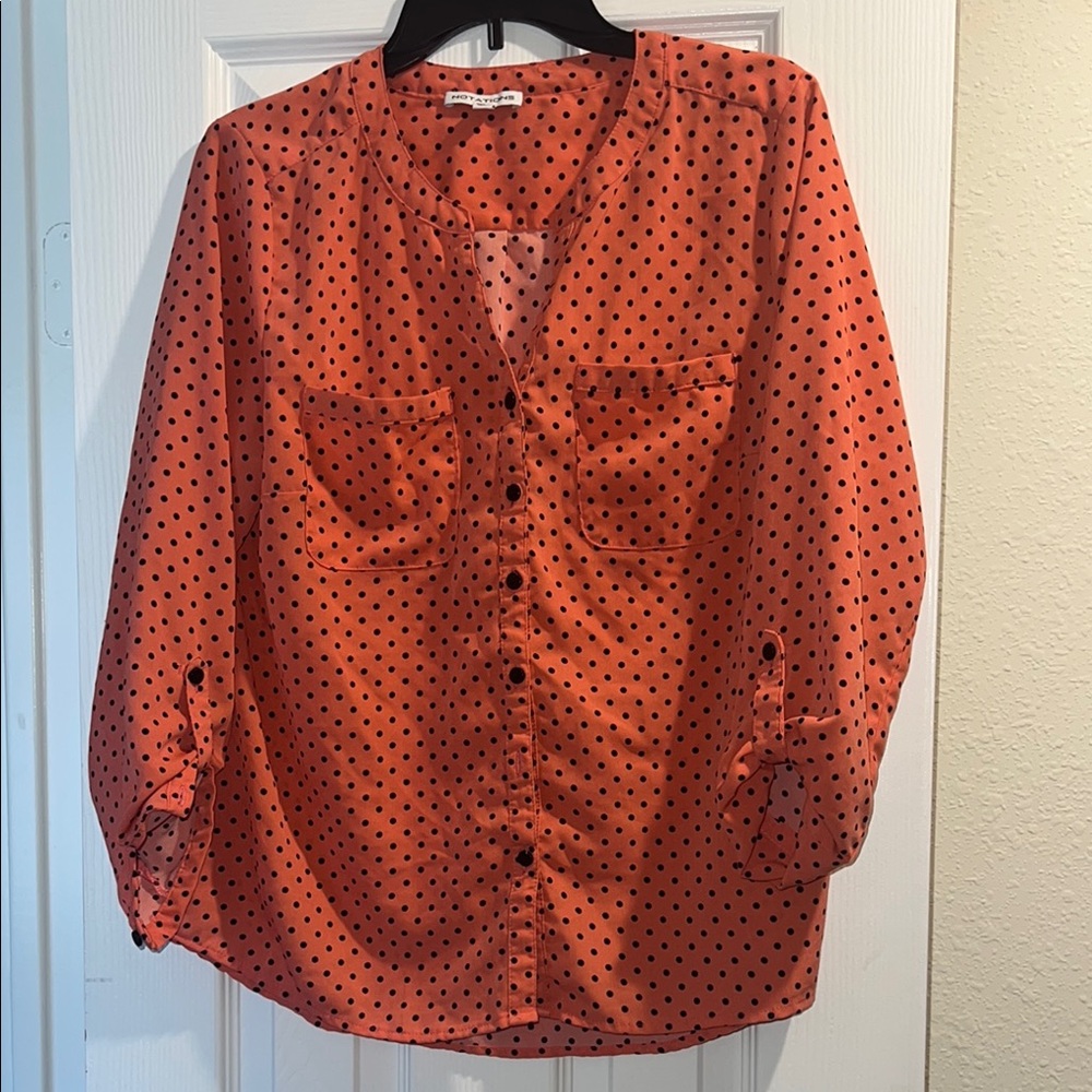 Coral Polka Dot Button-Up Blouse